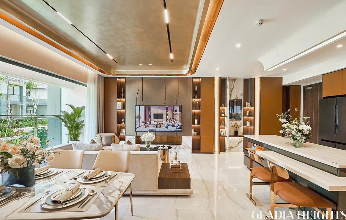 Phòng khách phòng ăn nhà mẫu 3PN Gladia Heights
