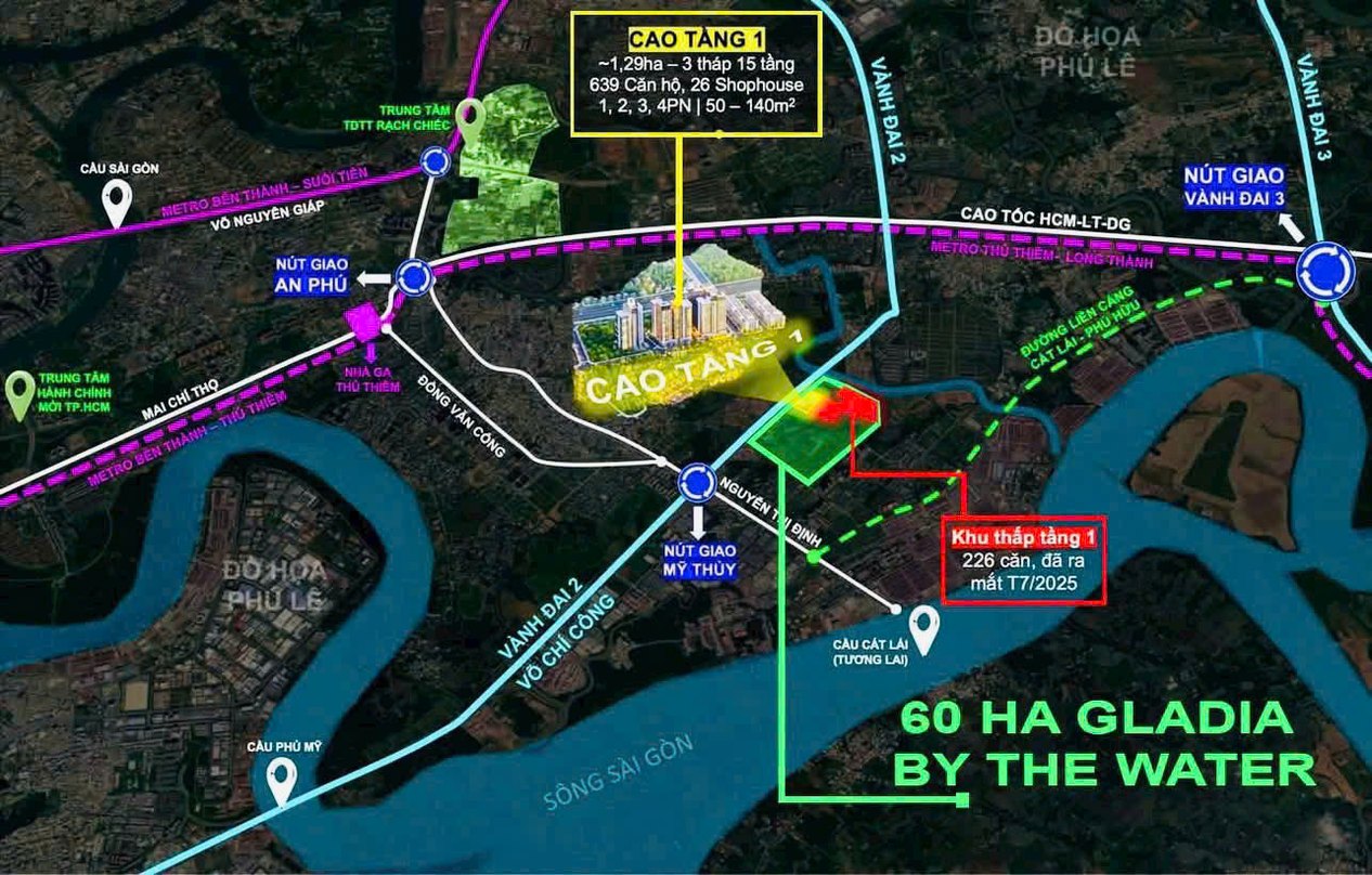 Vị trí Gladia Heights trên trục Võ Chí Công, mở rộng 10-12 làn xe, khu Đông TP.HCM