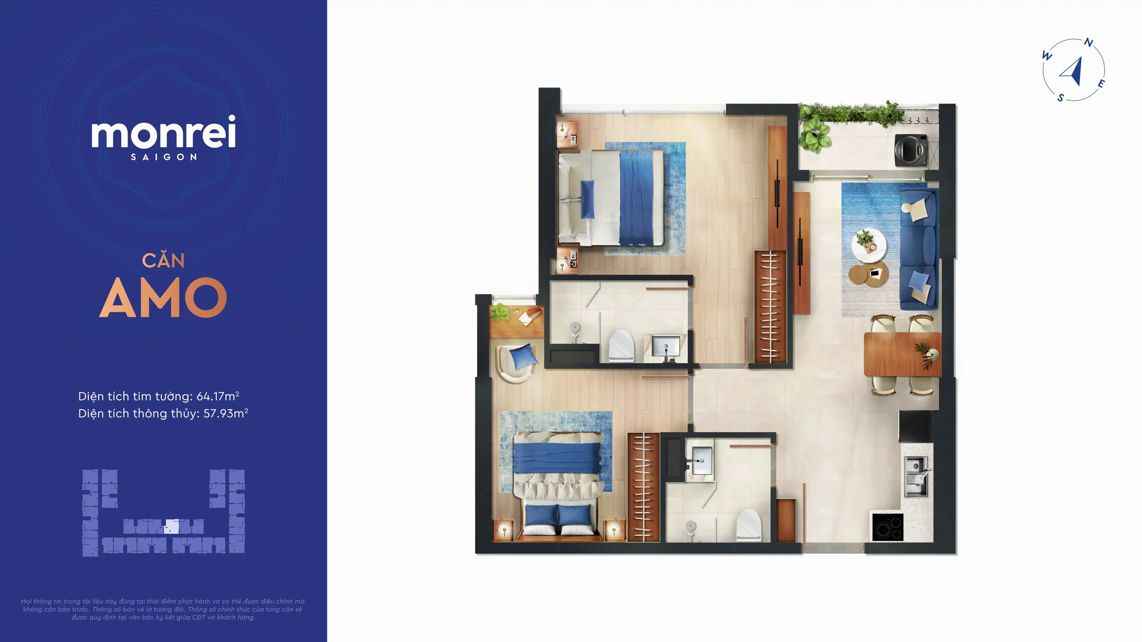 Layout căn 2 phòng ngủ Amo 64.17m2 Monrei Sài Gòn